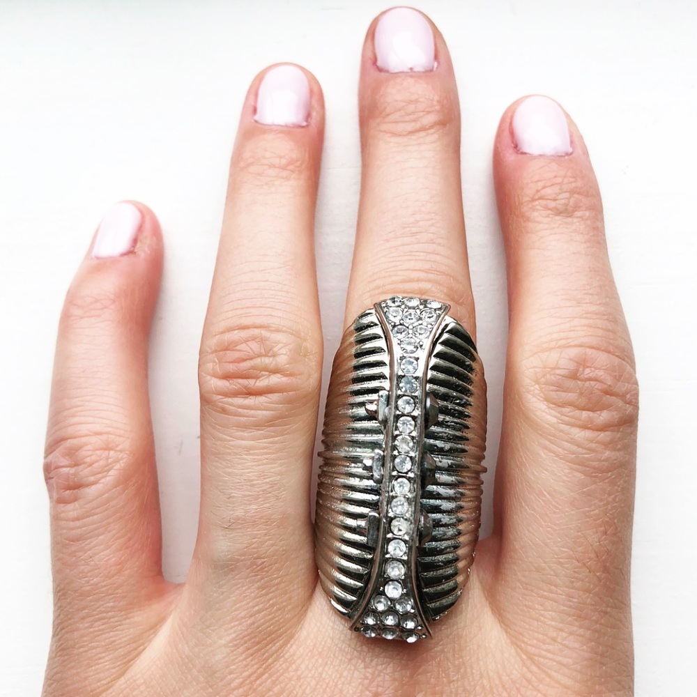 Silver & rhinestone long banded knuckle ring